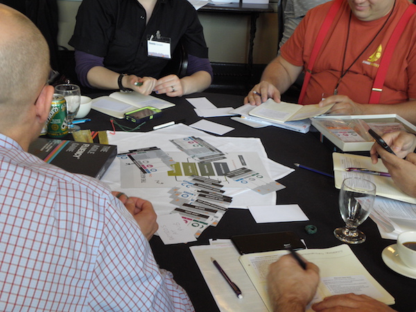 Picture of a table at the Agile Fluency Game workshop showing participants writing in their notebooks