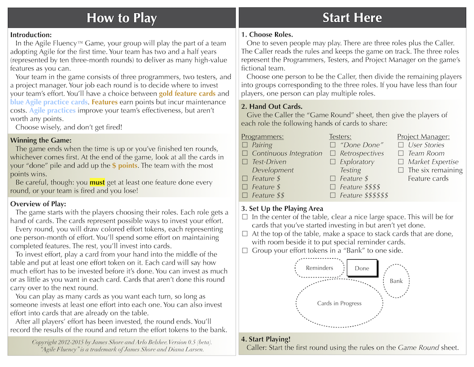 Picture of game rules. They use the 'Agile Fluency Game' title and reference the Agile Fluency trademark. The copyright notice says, 'Copyright 2012-2015 by James Shore and Arlo Belshee.'