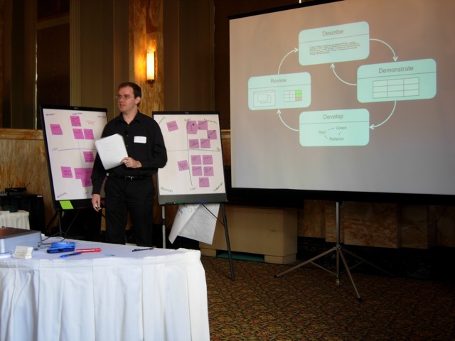 A picture of Jim Shore lecturing in front of a projector.