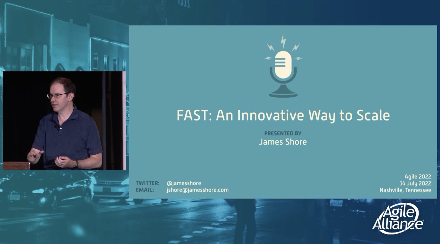 A picture of James Shore presenting “FAST: An Innovative Way to Scale” at Agile 2022.