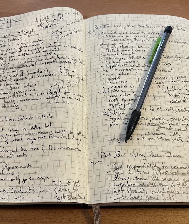 A picture of a notebook with handwritten notes. A pencil sits on top. The notes are an early draft of James Shore’s presentation, “The Accountability Problem.”